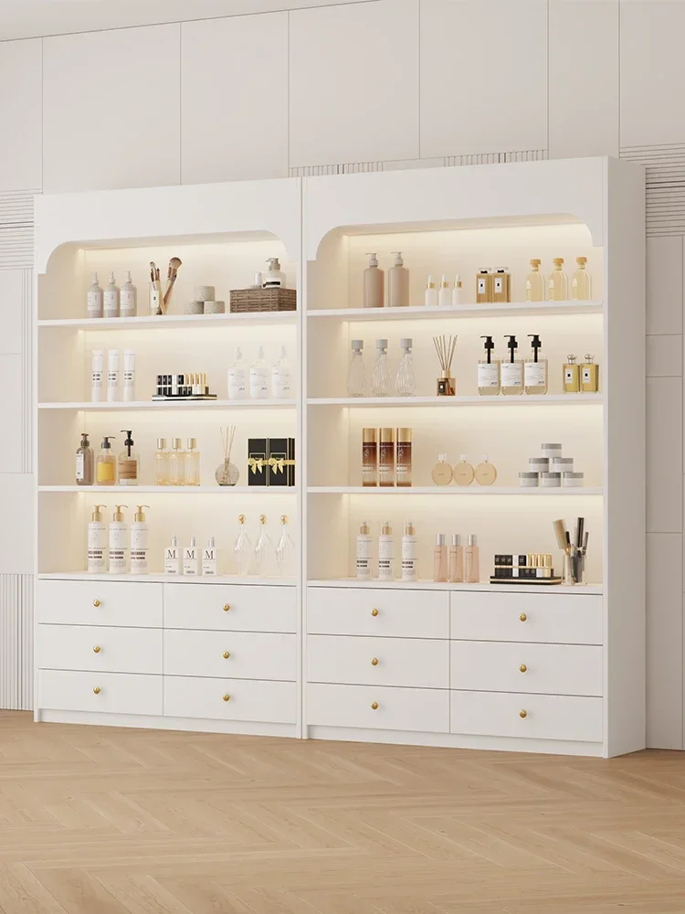 A Cream Wind Beauty Salon Display Cabinet Products Cosmetics Display Cabinet Nail Art Skin Care Customized Light Luxury Shelf