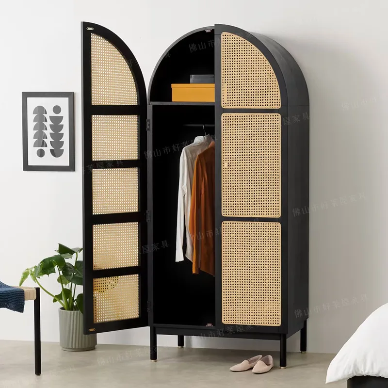 

Ankara double-door rattan wardrobe, quiet wind retro solid wood floor-to-ceiling cabinet, opposite door, black storage