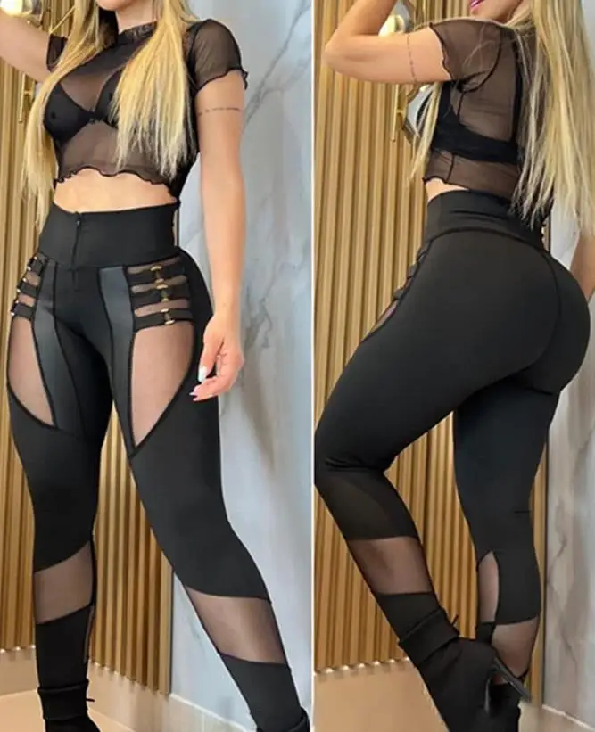 Damen hose Frühling und Sommer neue Mode vielseitige Freizeit O-Ring Dekor transparente Mesh Patch Hose für weibliche Streetwear