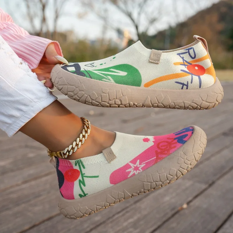 Inner Heightening Women's Four Seasons Knitted Soft-soled Sports and Leisure Widened Non-slip One-pedal Lazy Platform Shoes