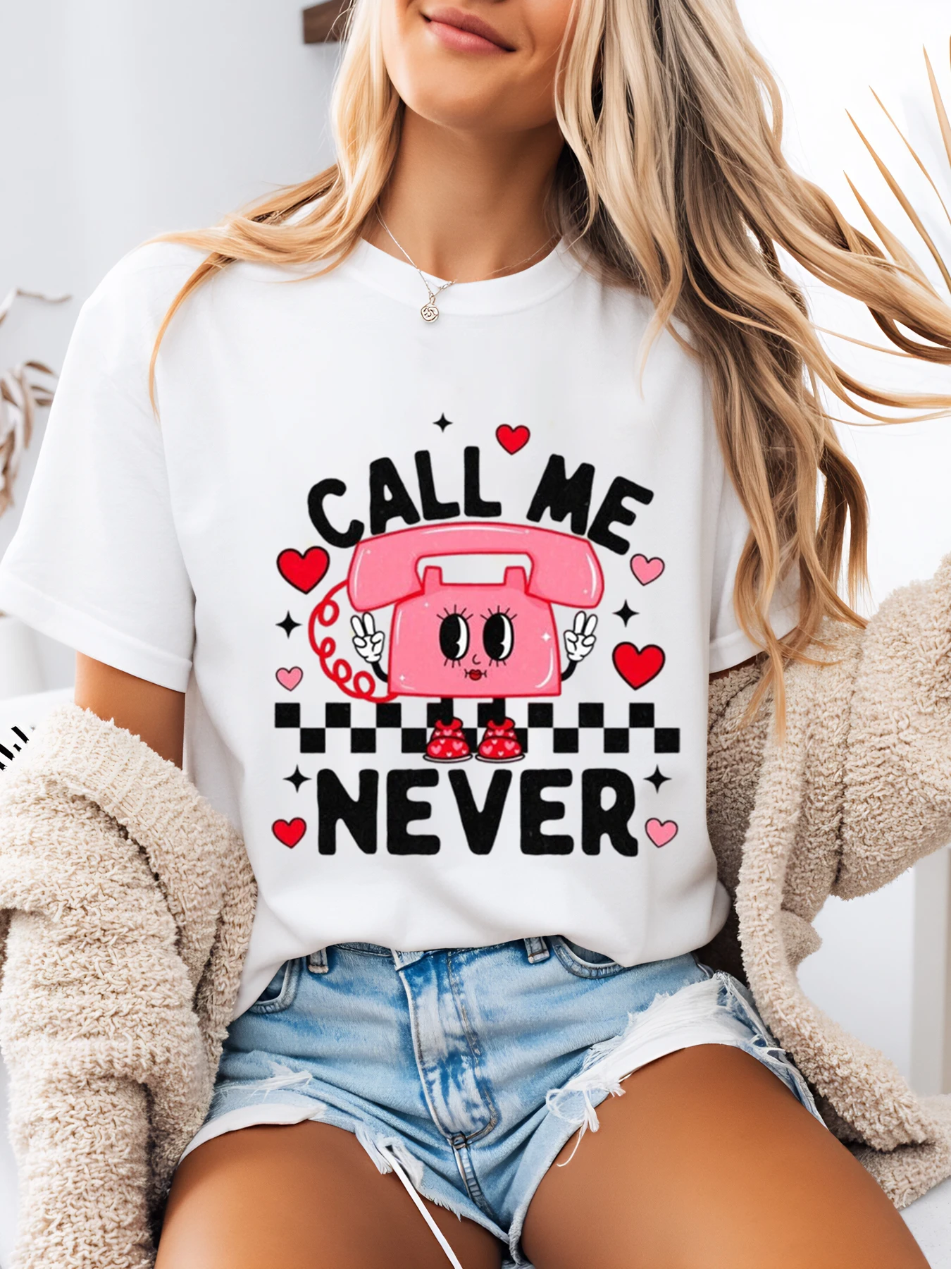 

Call Me Never Phone Graphic Print t Shirt Valentine Day Women Casual Top Daily Wear White Plus-Size
