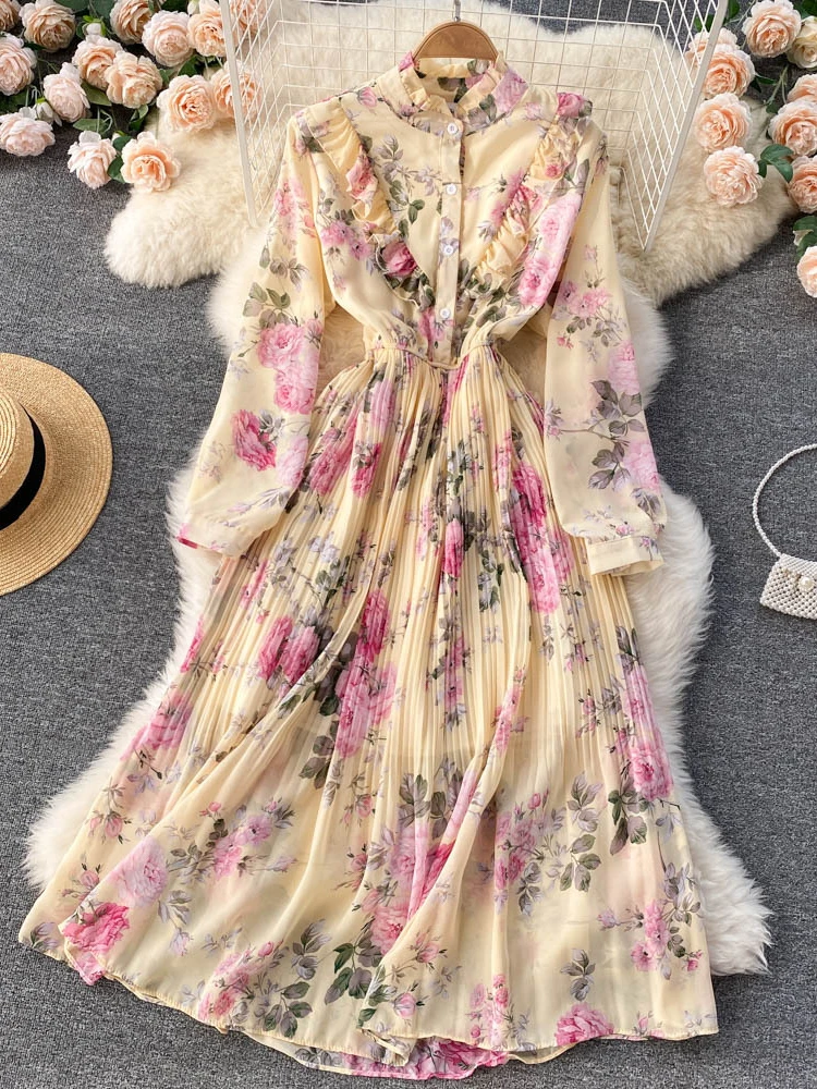 Women Lace Stand Collar Long Sleeved Floral Chiffon A-line Dress Summer High Waist Slim Seaside Vacation Beach Robe Vestidos