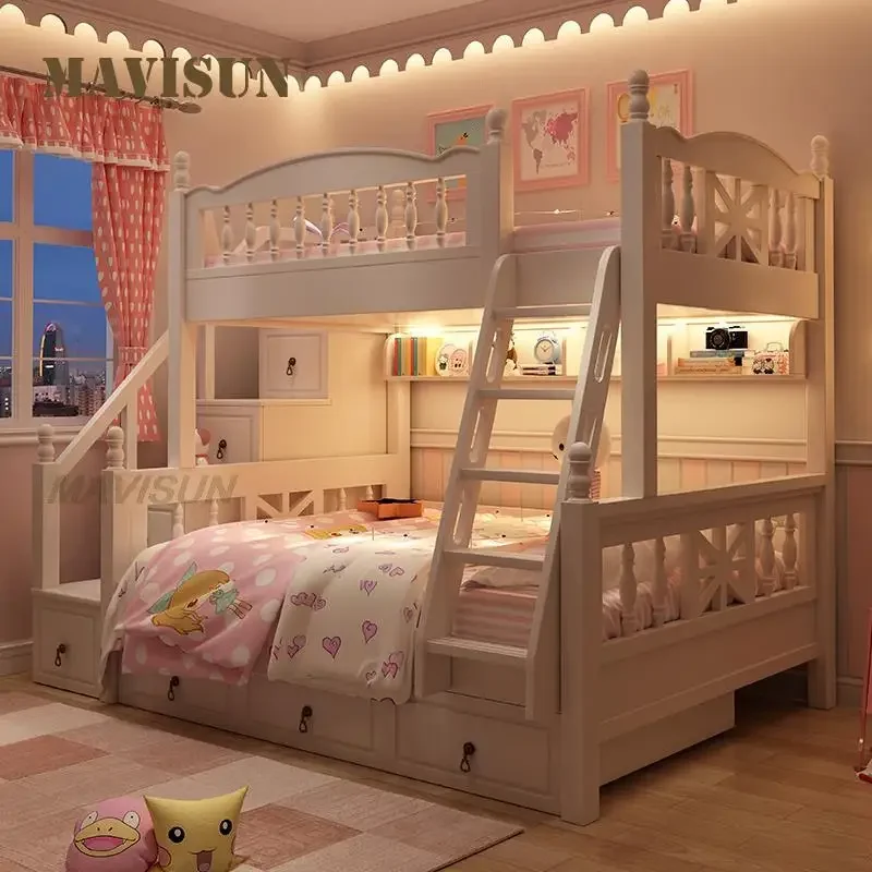 Korean Rural Style Bunk Bed White Modern Minimalist Up Down Kid Bunk With Storage For Princess Girls Creative Bedroom Furniture