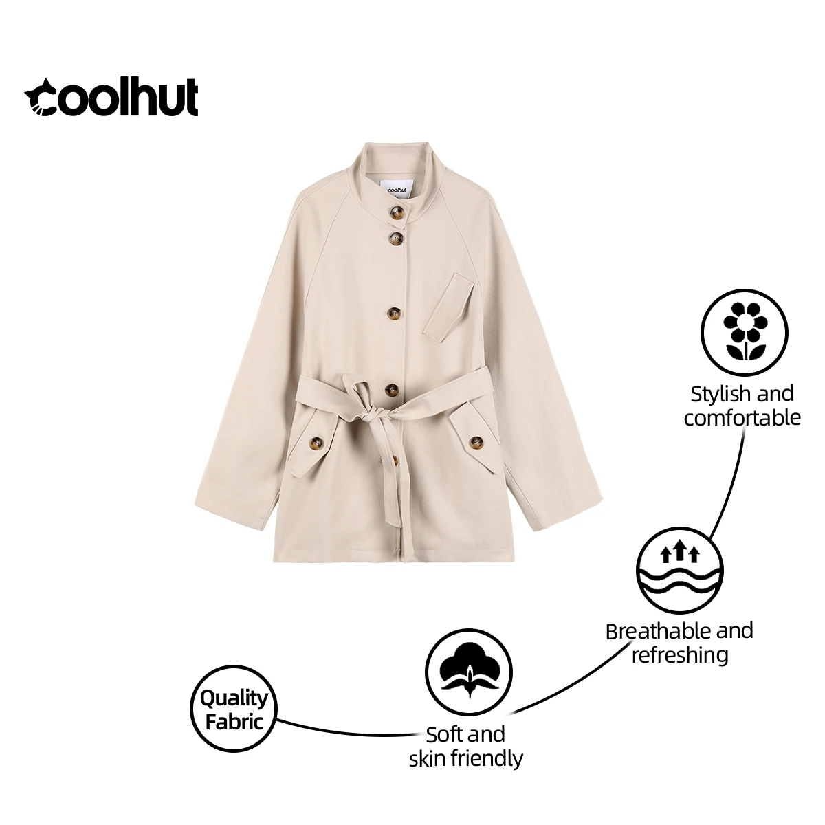 

COOLHUT Women’s 2025 Classic Trench Coat with Waist Belt Mid Length Stand Collar Raglan Sleeves Elegant Fall Outerwear Jacket