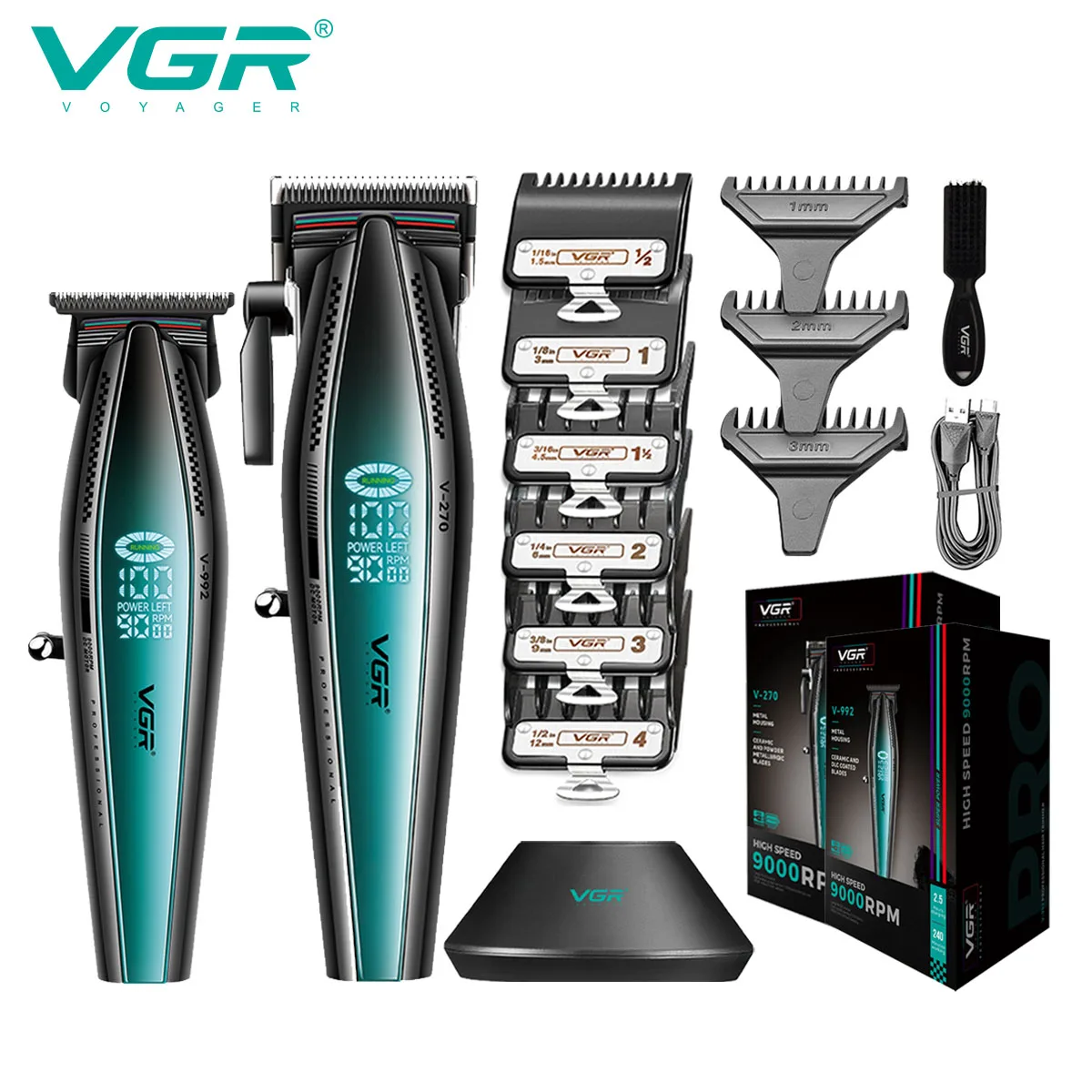 VGR Hair Trimmer Professional Hair Clipper Adjustable Clipper Barber 9000 RPM Cordless Barber Set Trimmer for Men V-992 V-270