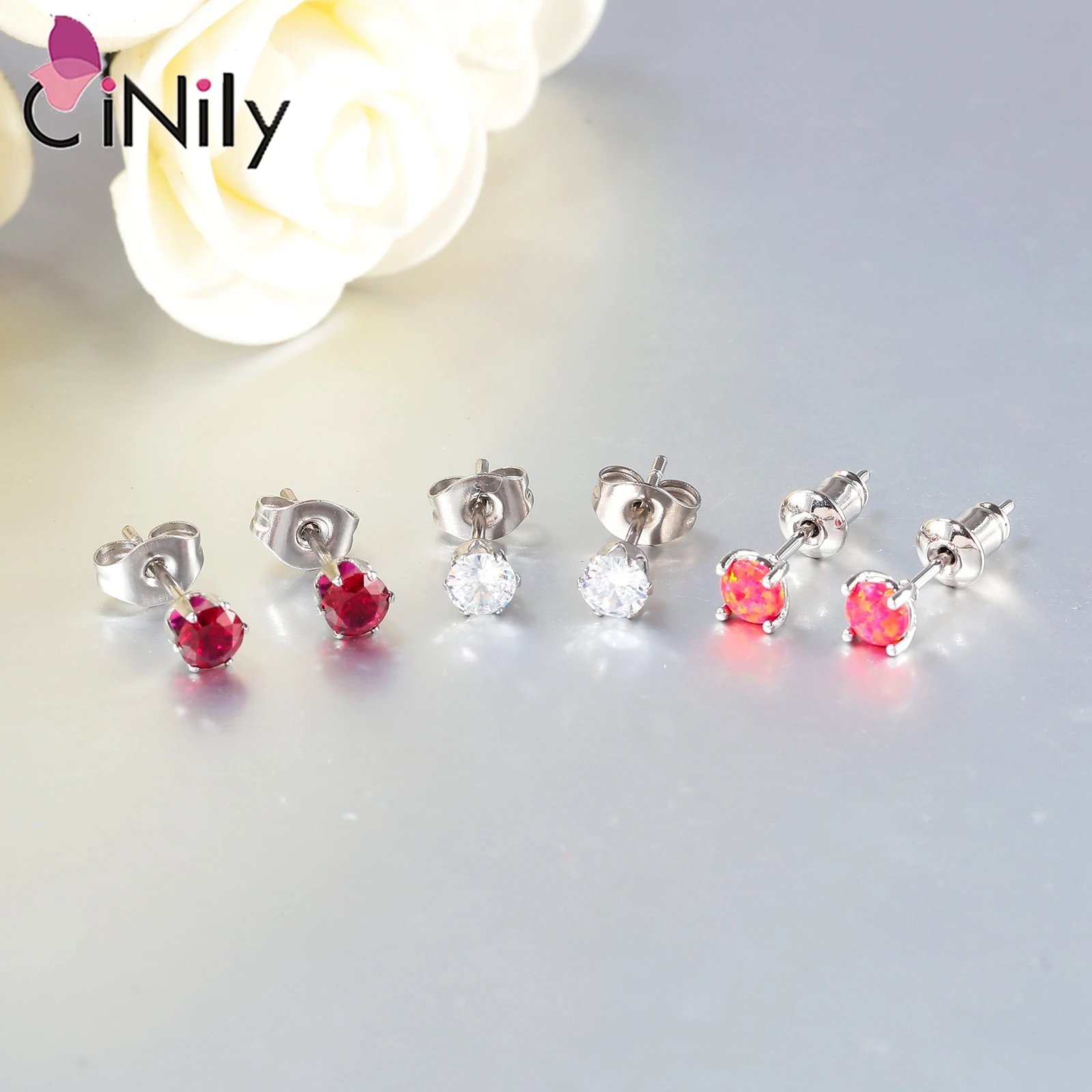 CiNily 3 أزواج من حجر العقيق الأحمر وأقراط تشيكوسلوفاكيا صغيرة مستديرة قرط الاذن المرصع فضي اللون مجموعات مجوهرات الأزياء للنساء الفتيات 4 مللي متر