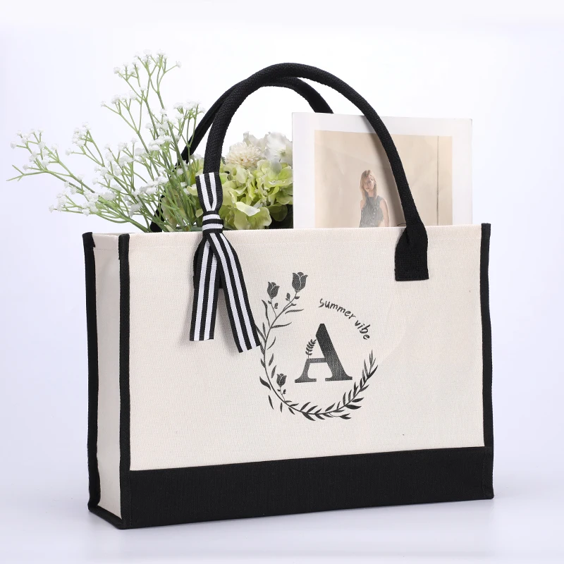 Letter canvas tote-personalized canvas beach bag-practical tote lunch bag