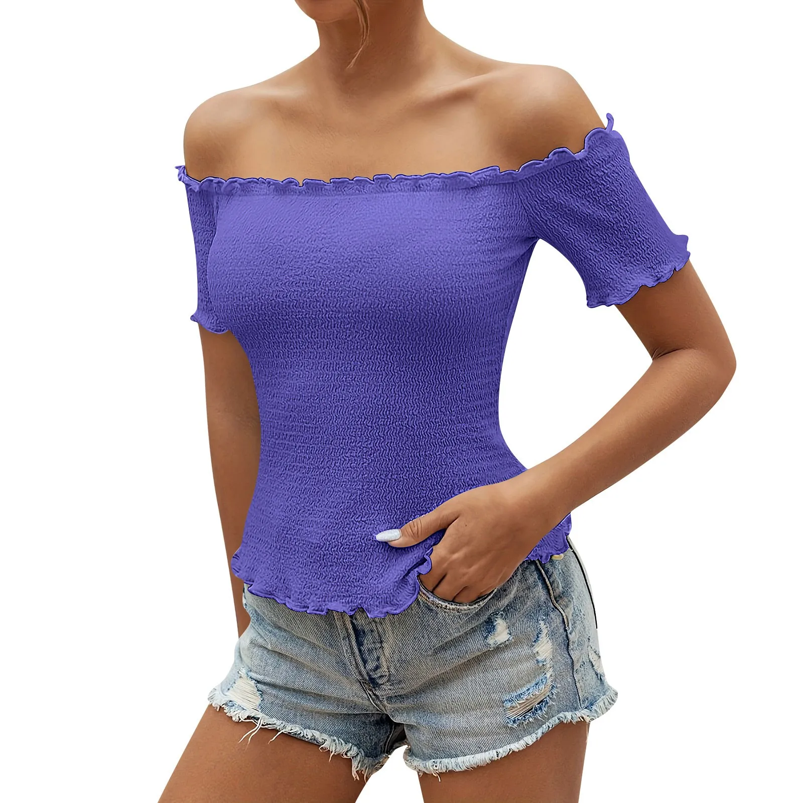 ワンピースの女性用クロップトップ,ボートネック,半袖,スリムフィット,テクスチャ生地,クラシック,シンプル,無地,ファッショナブル