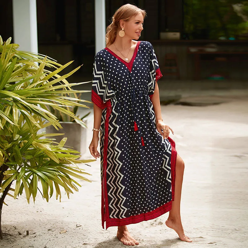 Charming Handblock Print Kaftan Elegance Women Maxi Dress White Polka Dots Red Hem Chic India Caftan Comfy Rayon Beach Cover Ups