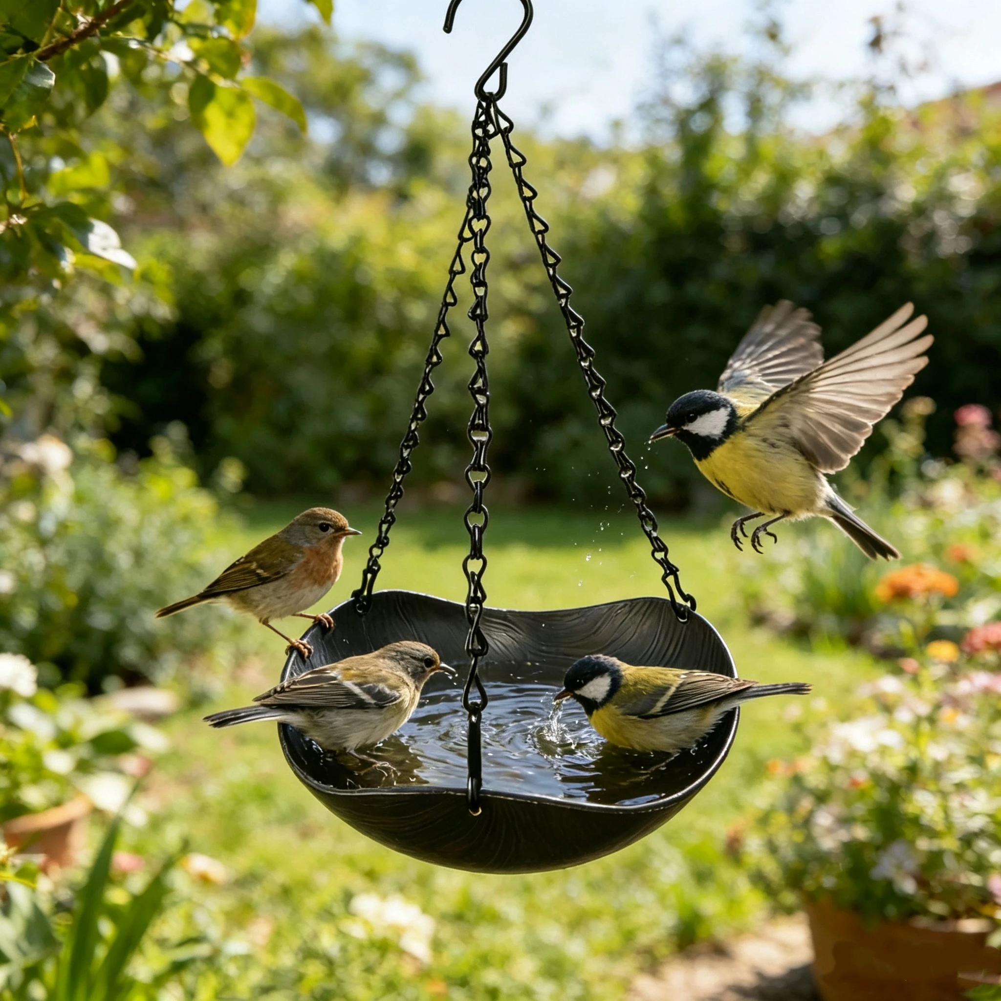 Hanging 2-Tier Wood Grain Bird Feeder & Bird Bath Bowl PP Plastic Wild Bird Water Tray with Anti-Rust Electroplated Chain Garden