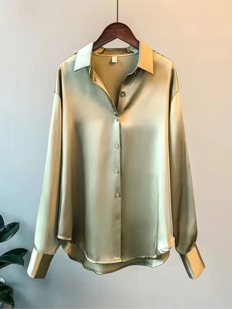Camicia casual ampia da donna Primavera Autunno Moda Tinta unita Colletto ribaltabile Top a maniche lunghe Camicette da ufficio con bottoni bianchi da donna