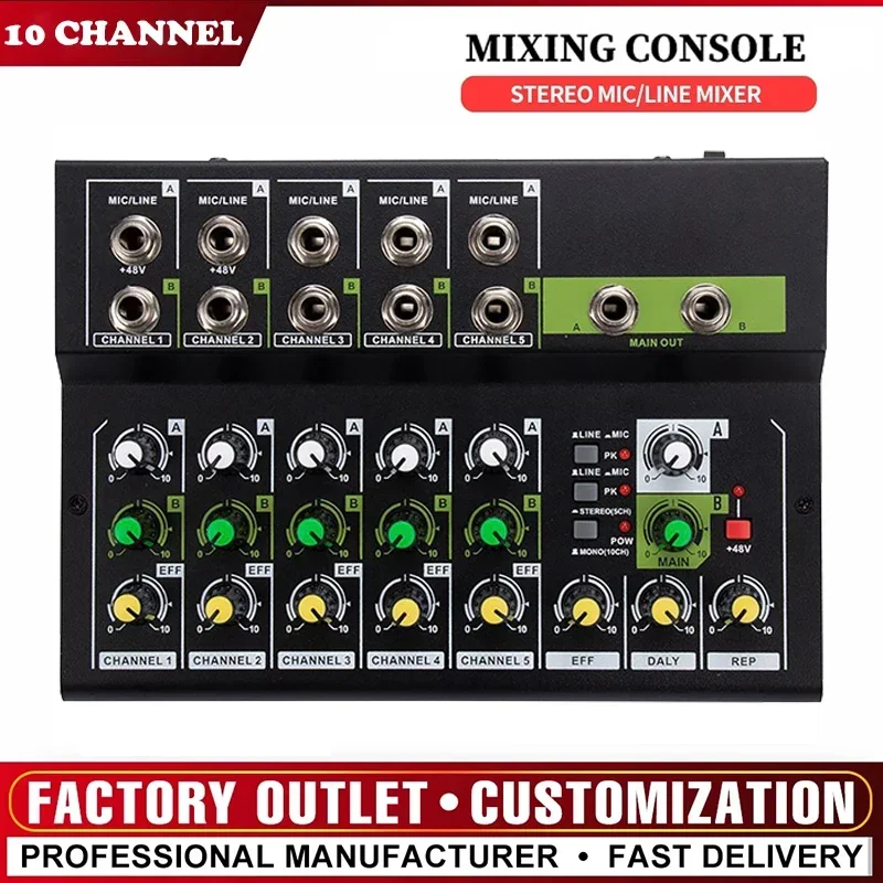 

10 Channel Mixing Console Stereo Mic/Line Mixer with Reverb & 48V Phantom Power 10 channel sound table Digital Audio Mixer