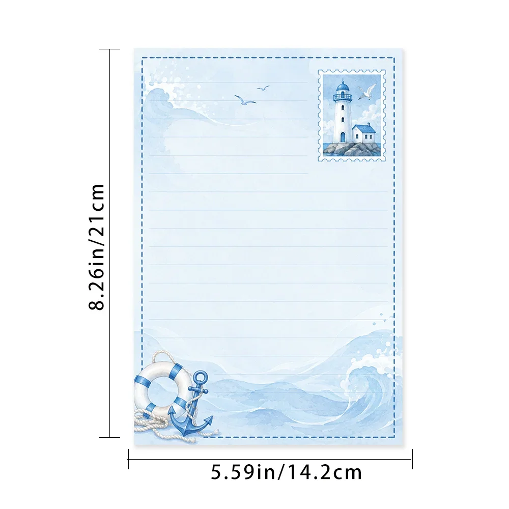50 Sheets, Blue Retro Nautical-themed Writing Paper, Lined, Glue-free, Perfect For Notebooks, Memos, And Stickers