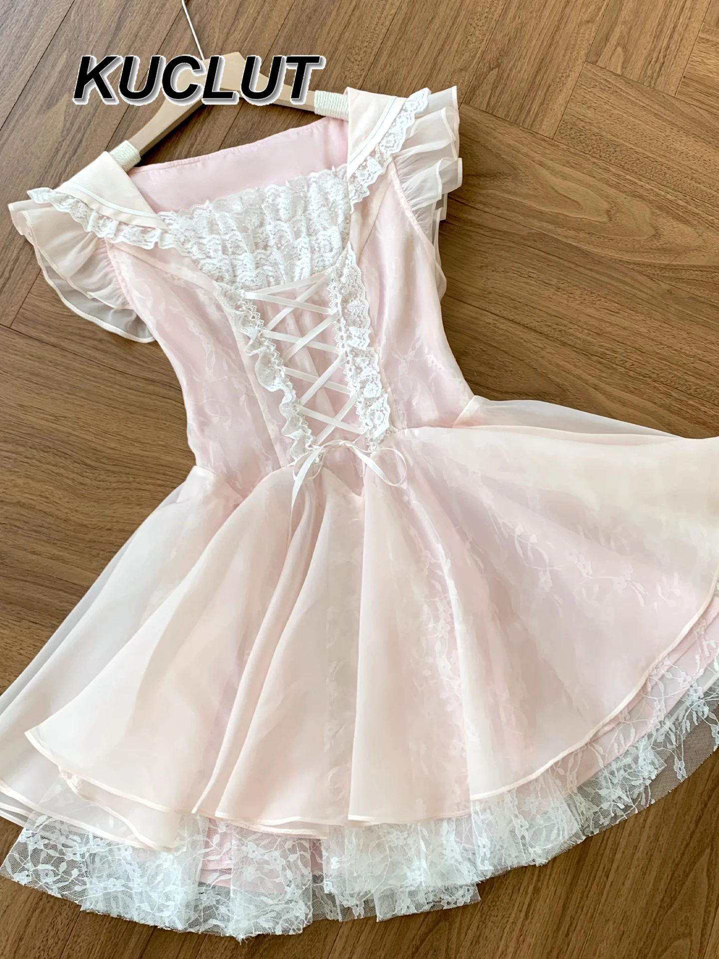

Sweet Cute Japanese Ballet Style Princess Dress Femme Lace Bow Elegant Flutter Sleeve Short Dresses for Women Summer