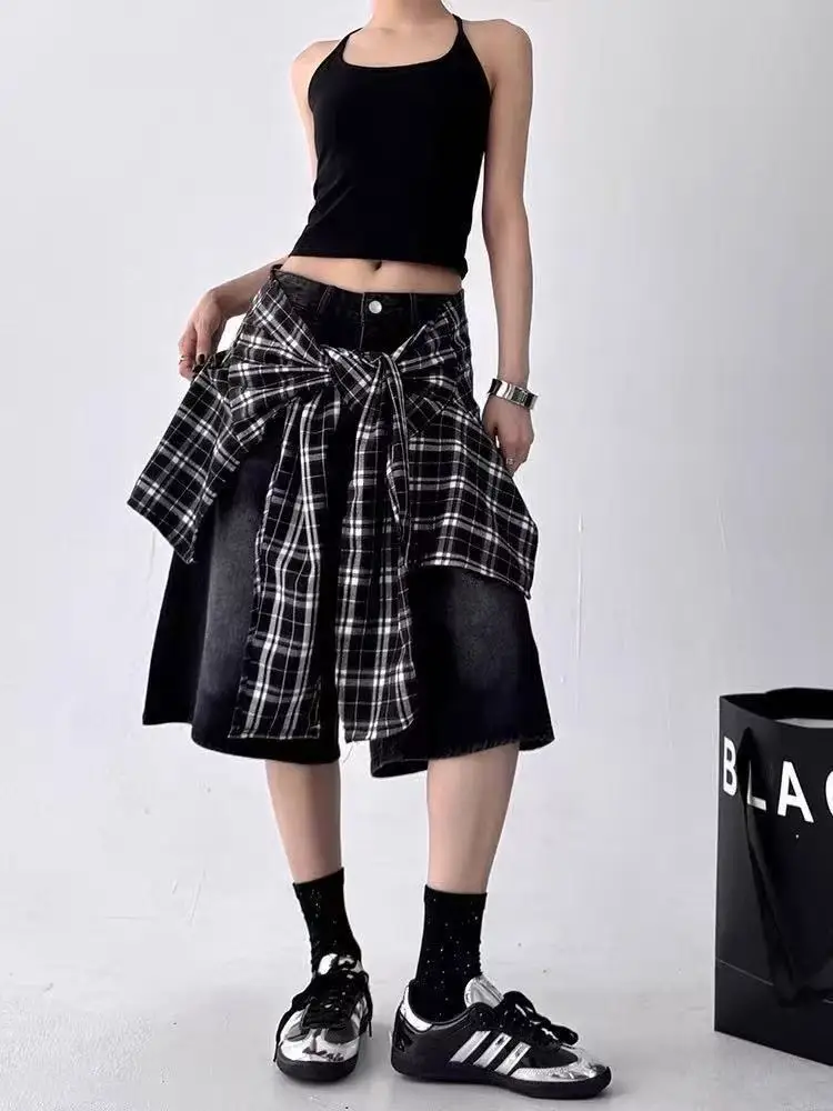 Summer Women's Checkered Pattern Design Black Denim Shorts Street Capris Casual Bottom Female Wide-leg Calf-length Pants