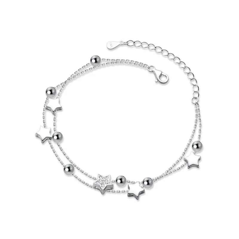 VENTFILLE-pulsera de estrella de Color plata con sello 925, pulsera doble de cristal con estrellas de cinco puntas coreanas, venta al por mayor