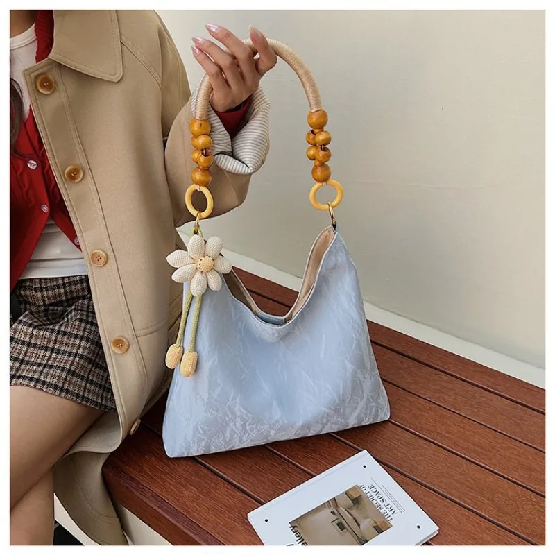 2026 New CEEKAY Black Washed Leather Hobo Bag, Casual Shoulder Bag with Flower Pendant, Large Capacity Tote for Women Handbag