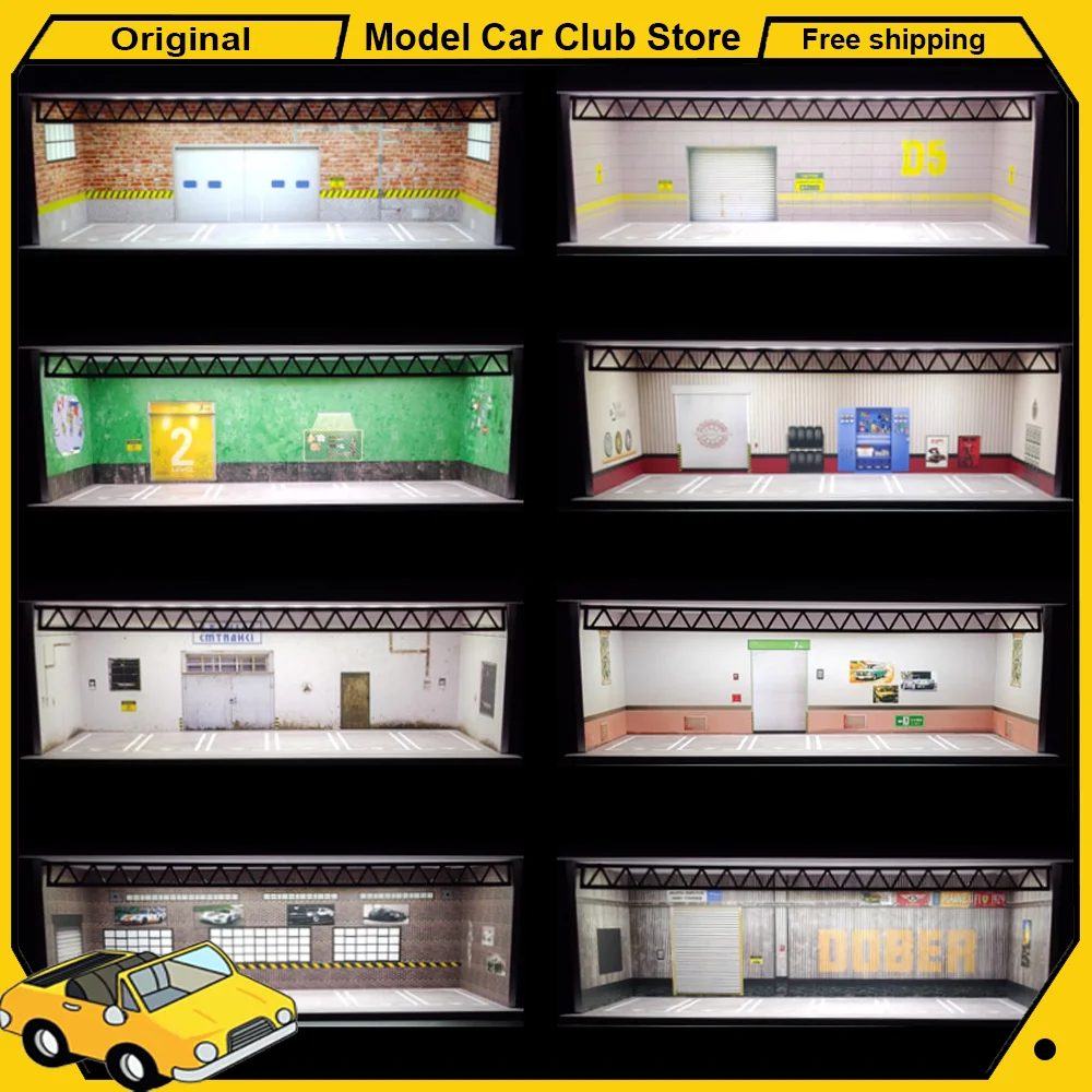 Alloy Car 1/64 Scale DIY Parking Space with Lights USB House Garage Model Plastic Miniature Diorama Assembly Kit Collection Toy
