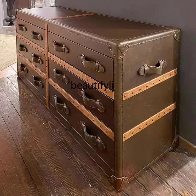 

yj7 French medieval leather box bucket cabinet American retro oil wax leather bucket cabinet storage cigar bar room storage cabi