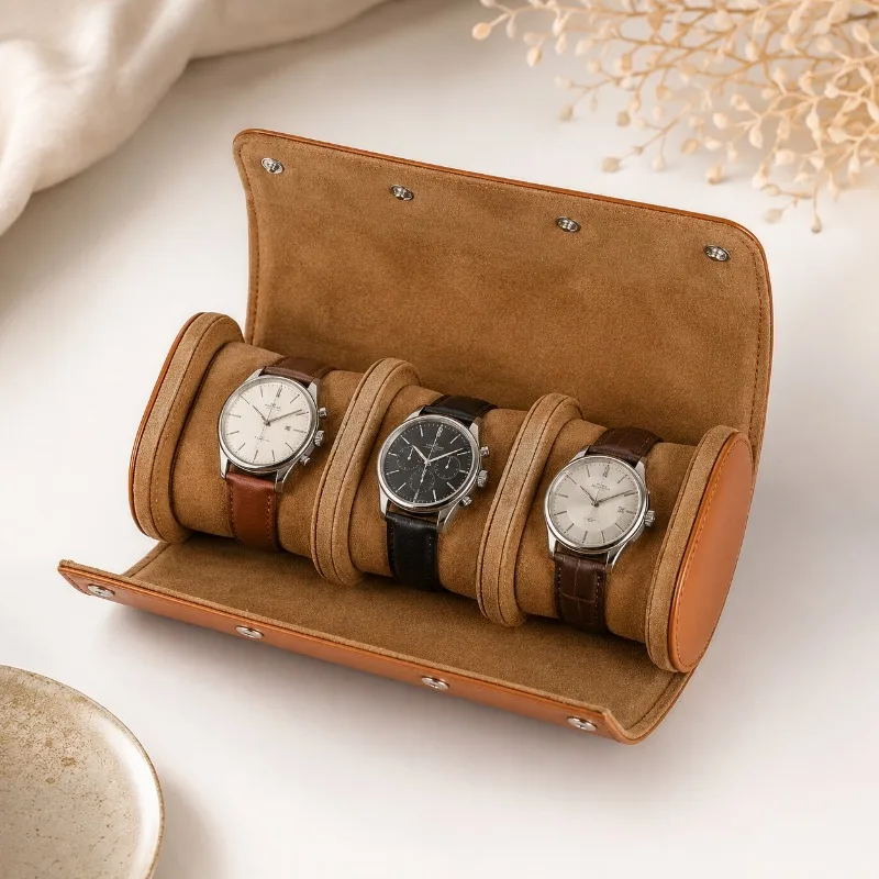 Brown PU Leather 3 Watch Roll Case Portable Travel Watch Storage Bag Wristwatch Display Holder Protective Watch Carry Organizer