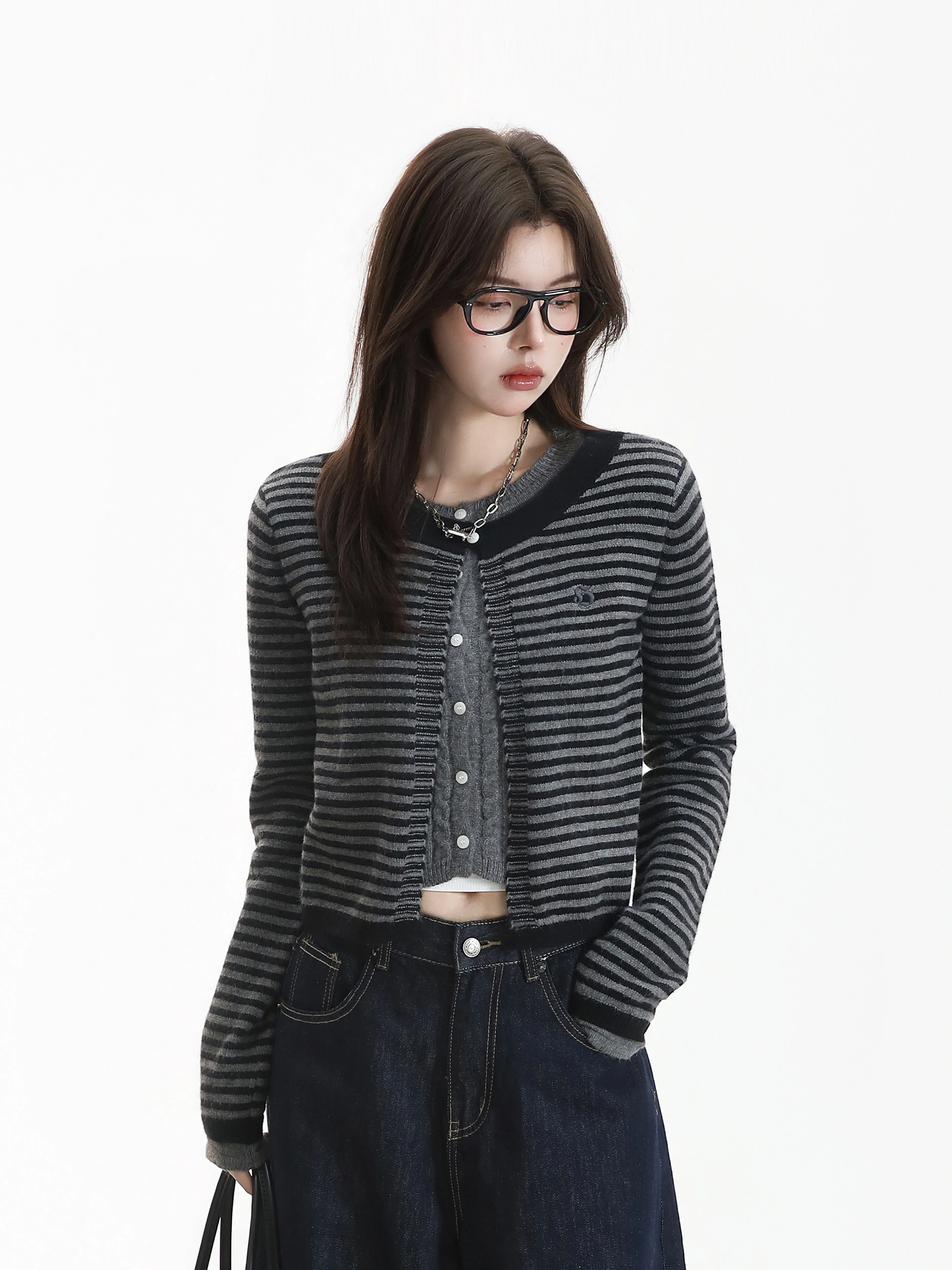 Korean Style Slim Fit Short Stripe Design Knitted Sweater Youthful Splicing Fake Two-Piece Top Comfortable Breathable Casual ...