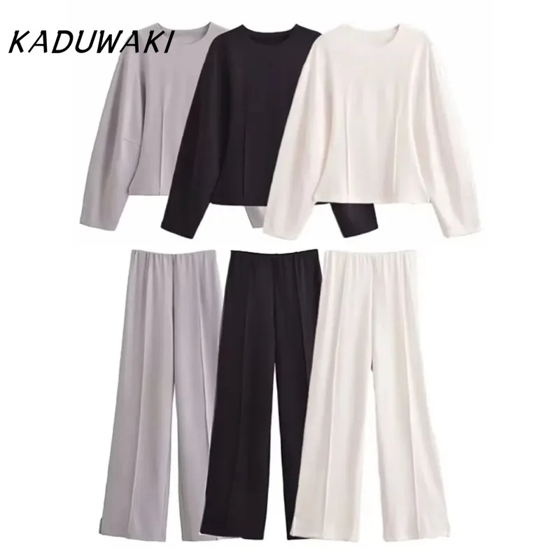 

KADUWAKI Women's 2-Piece Set Fashion Slimming Double-Sided Fabric O Neck Long-Sleeve Top Elegant Stretch Casual Wide Leg Pants
