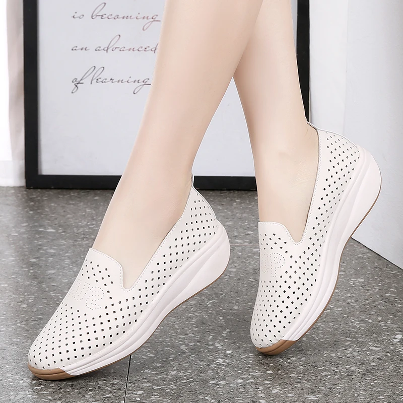 Plus Size Microfiber Hollow Women sneakers Summer Wedges Outsole Shoes Sneakers For Lady Breathable Wedding loafers shoes