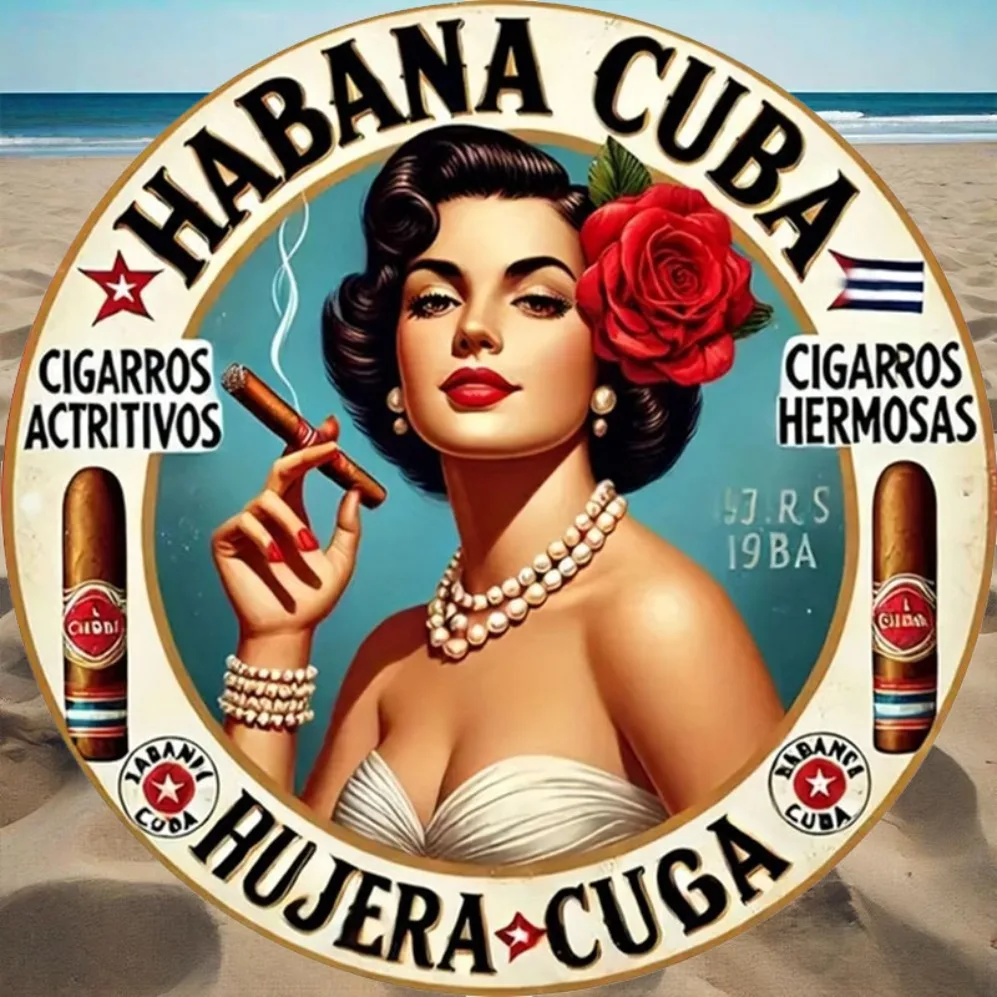 Vintage Habana Cuba Cigar Pin Up Girl Retro Metal Wall Art, Round Havana Cigarros Decorative Tin Sign, Rustic Cuban Tobacco Them