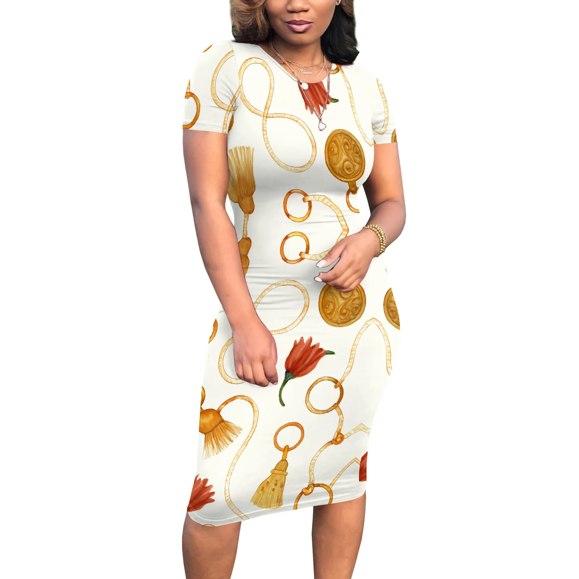 Women's Chain Print Bodycon Midi Dress Elegant Short Sleeve Stretchy Office Wear or Summer Brunch Outfit S-3XL