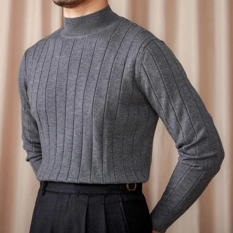 British 2024 Autumn Striped Jacquard Sweater Men's All-match Fashion Mock Neck Knitted Sweater Long Sleeve Herren Pullover