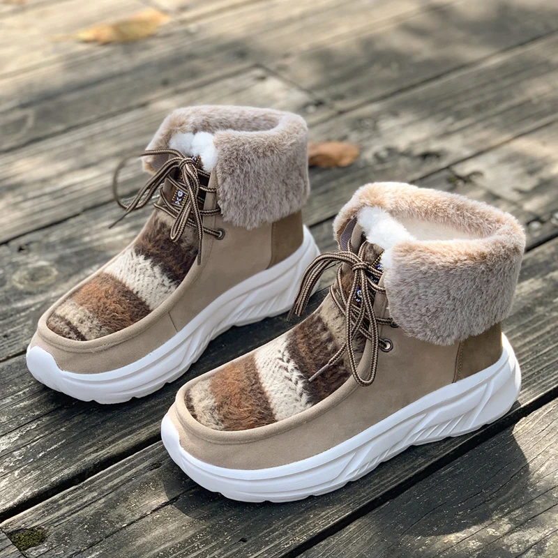 Nordic Style Woman Winter Wool Fleece Warm Boots Casual Lace Up Ankle Fur Shoes Ladies Outdoor Thick Plush High Top Sneakers