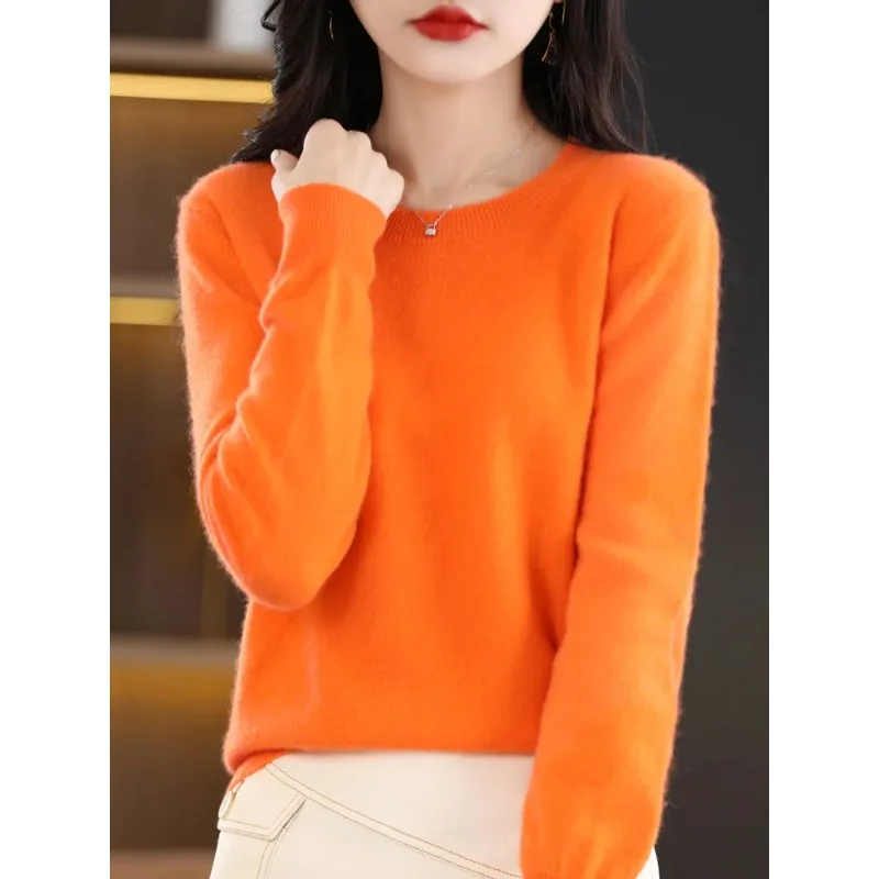 Autumn Winter Women Female O-Neck Knitted Pullover 100% Merino Wool Sweater Soft Solid Comfortable Basic Clothing Tops N209