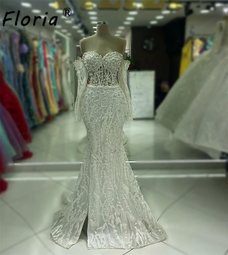 Vestidos de novia largos de encaje blanco para mujer, falda desmontable de dos piezas, vestido de fiesta de noche, perlas de Dubai, vestidos de graduación largos