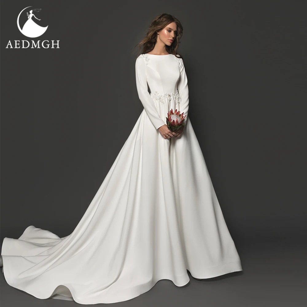 Aedmgh A-Line Elegant Wedding Dresses O-Neck Long Sleeve Vestido De Novia Lace Bead Matte Satin Vintage Custom Made Bridal Gown