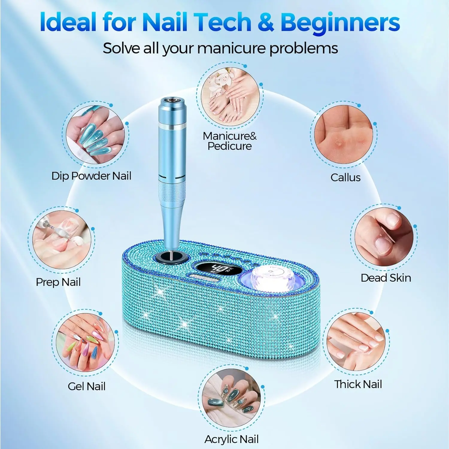 Kit profissional de broca elétrica para unhas com motor de 40000 RPM, luz LED e 12 bits para remoção de esmalte em gel acrílico