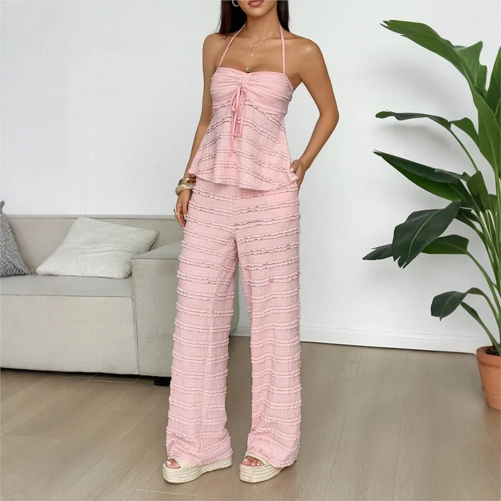 

Casual Halter Neck Backless Straight Pants Women's 2-piece Set Fashionable Lace-up Ladies Trousers Suit Female Party Sexy Suit