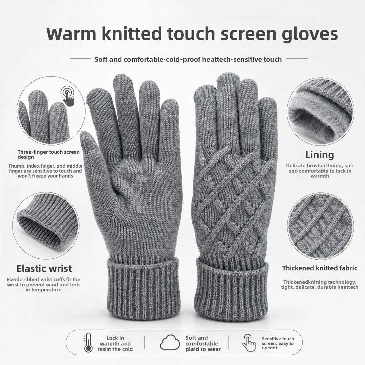 Pineapple‑Textured Knit Five‑Finger Mitts Ladies Solid Rhombus‑Cable Gloves Winter Outdoor Cold‑Shield Rib‑Cuff Hand‑Warmers