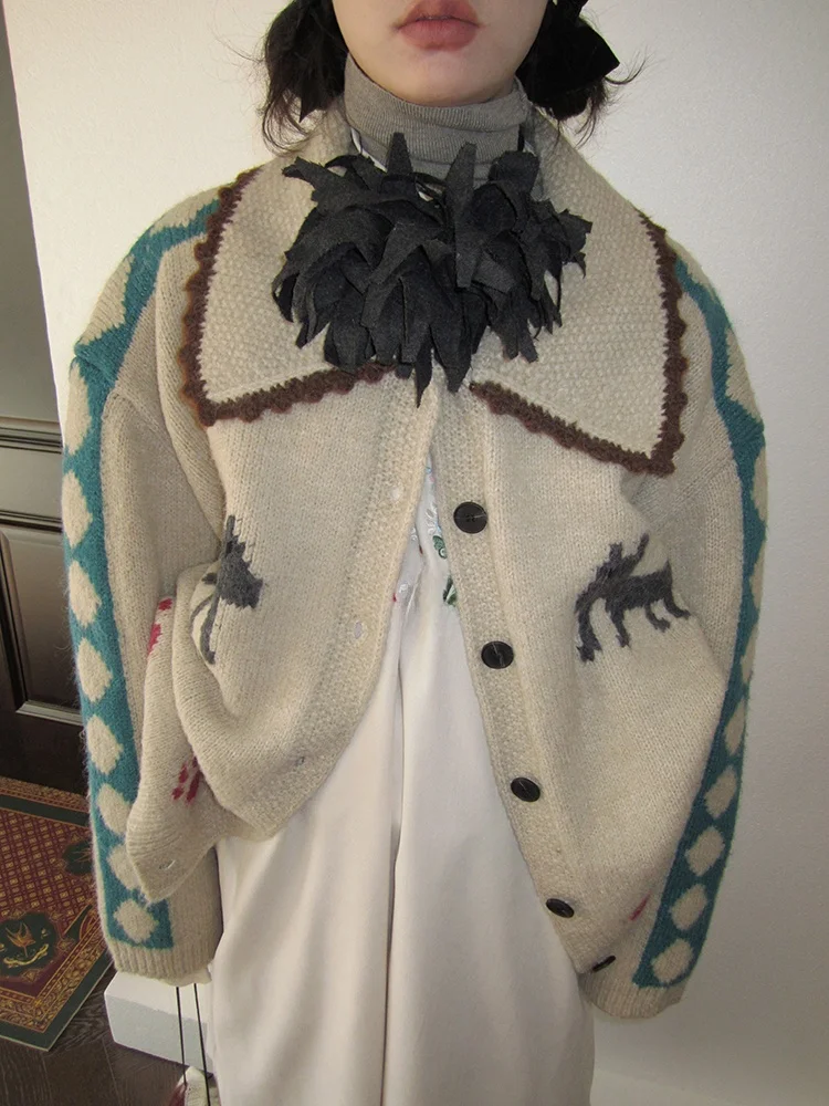 

Cisas Sweater Coat Women's Winter New Vintage Collar Open Cardigan New Year Top Outerwear Soft Comfortable Breathable