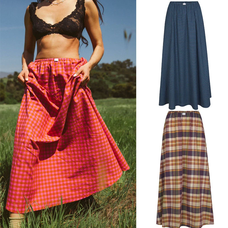 

Women Skirts Y2K Plaid Maxi Skirt For Women Elastic High Waist Tiered Long Skirt 2024 Boho Gingham A Line Flowy Skirt