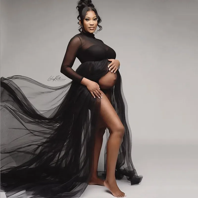 See Through Mesh Maternity Photography Tulle Dress White Stretchy Pregnancy Gown Lace Maxi Dress For Photoshoot