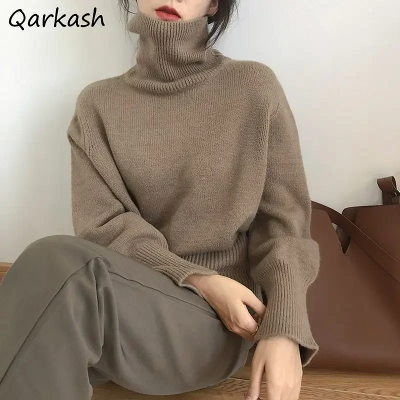 

Pullovers Women Solid Simple Elegant Fashion All-match Turtleneck Loose Korean Style Streetwear Popular Long Sleeve Sweaters