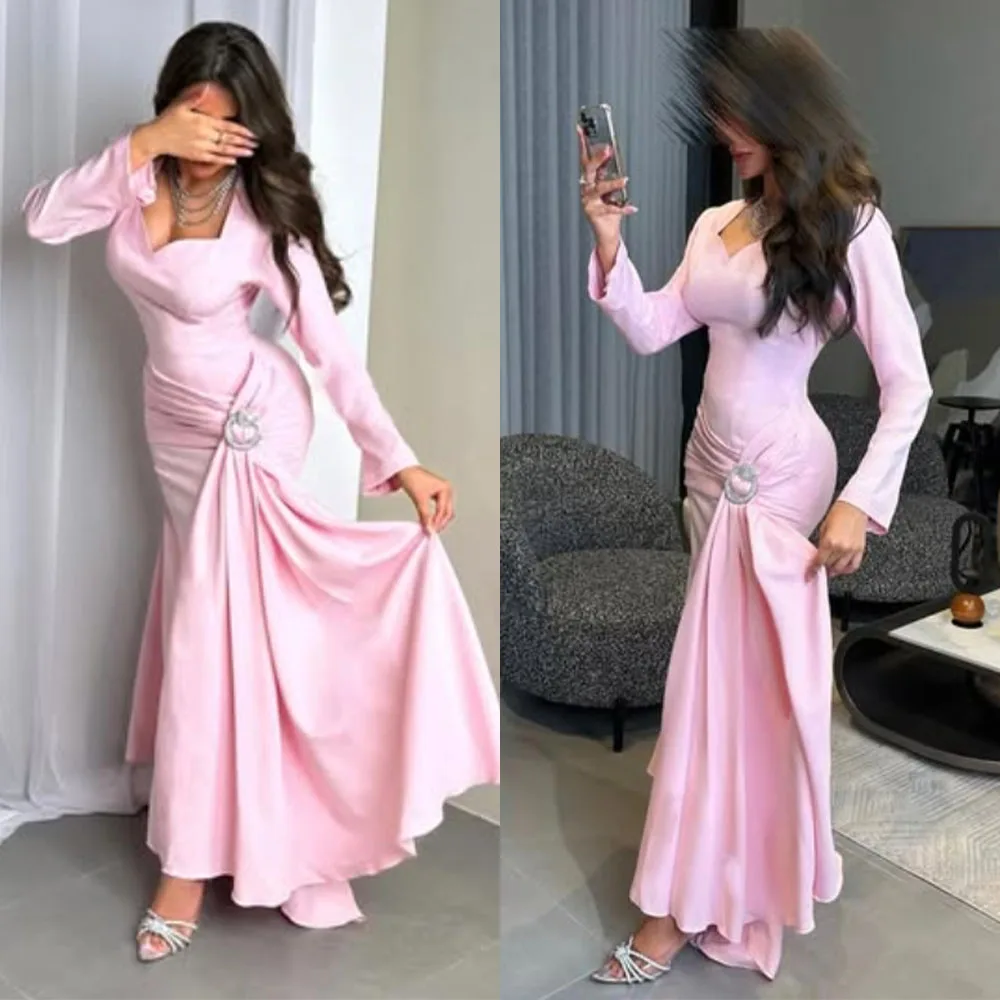 

High Quality Customized Sweetheart Pink Ankle Length Beaded Full Sleeves فساتين سهره شارون سعيد 2025 Robes De Soirée Prom Dress