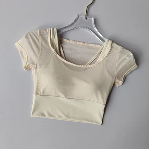 Fato fitness respirável manga curta para mulheres, top esportivo de alta qualidade, almofada no peito, treinamento Pilates, secagem rápida 10 principais vendas blusa de motoqueira feminina - №7