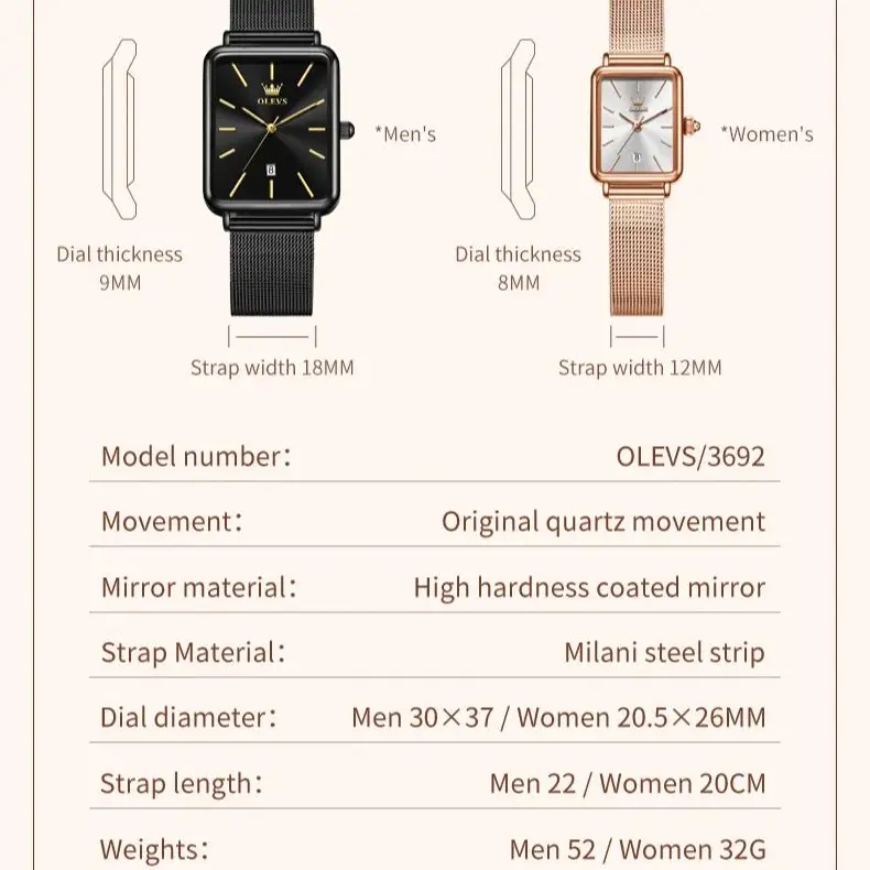 OLEVS 3692 Couple Watch Brand Simple Square Quartz Watch Ultra Thin Waterproof Luminous Calendar Men Women Dating Couple Watch