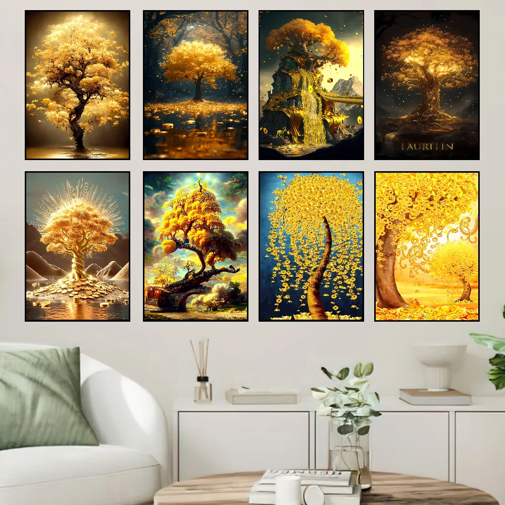 Goldenes Geldbaum-Poster, selbstklebende Kunst, wasserfester Papieraufkleber, Kaffeehaus, Bar, Zimmer, Wanddekoration