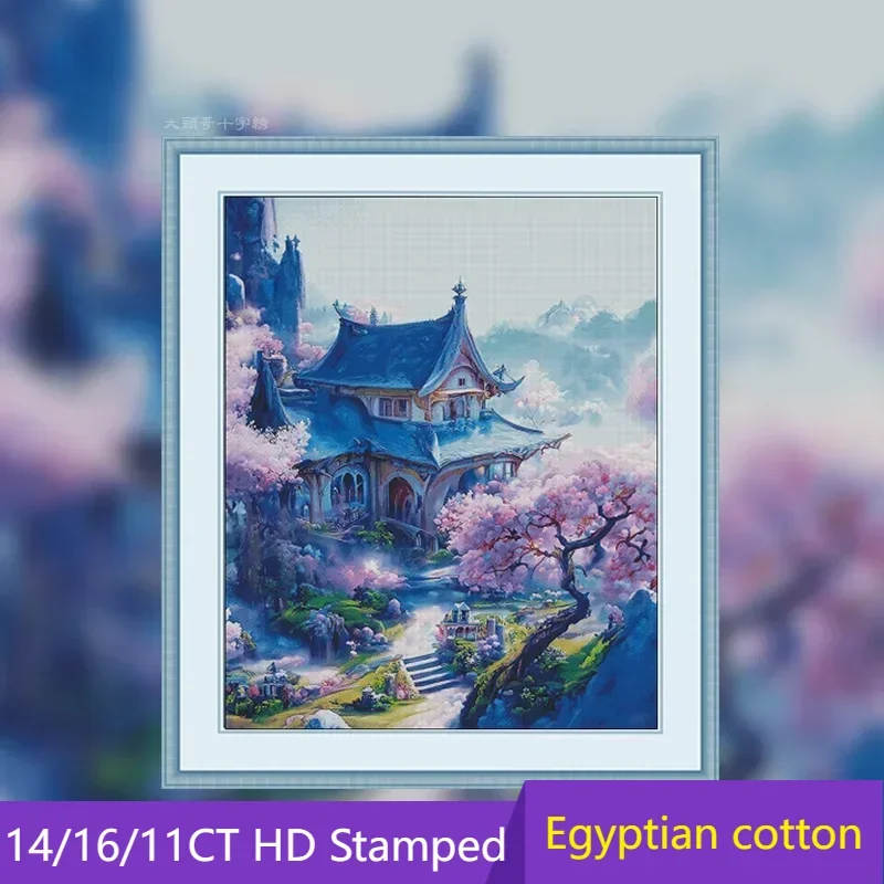 [ZZ2129-Peach Blossom Spring] Stamped Cross Stitch Kit 14CT 16CT, Cotton Thread Set, Printed Fabric for Hand Stitching