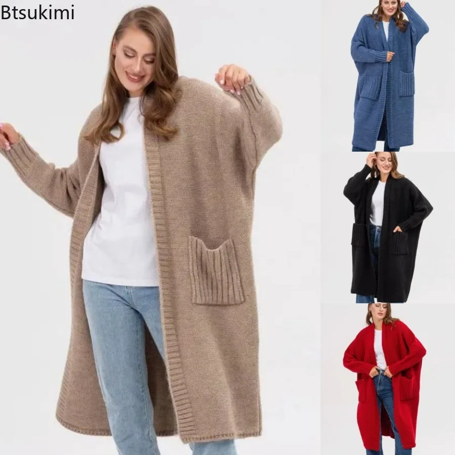 

Autumn Winter Knitted Cardigan Women Solid Color Sweater Jacket 2025 Elegant Vintage Loose Long Outerwear Maxi Y2k Sweater Coat