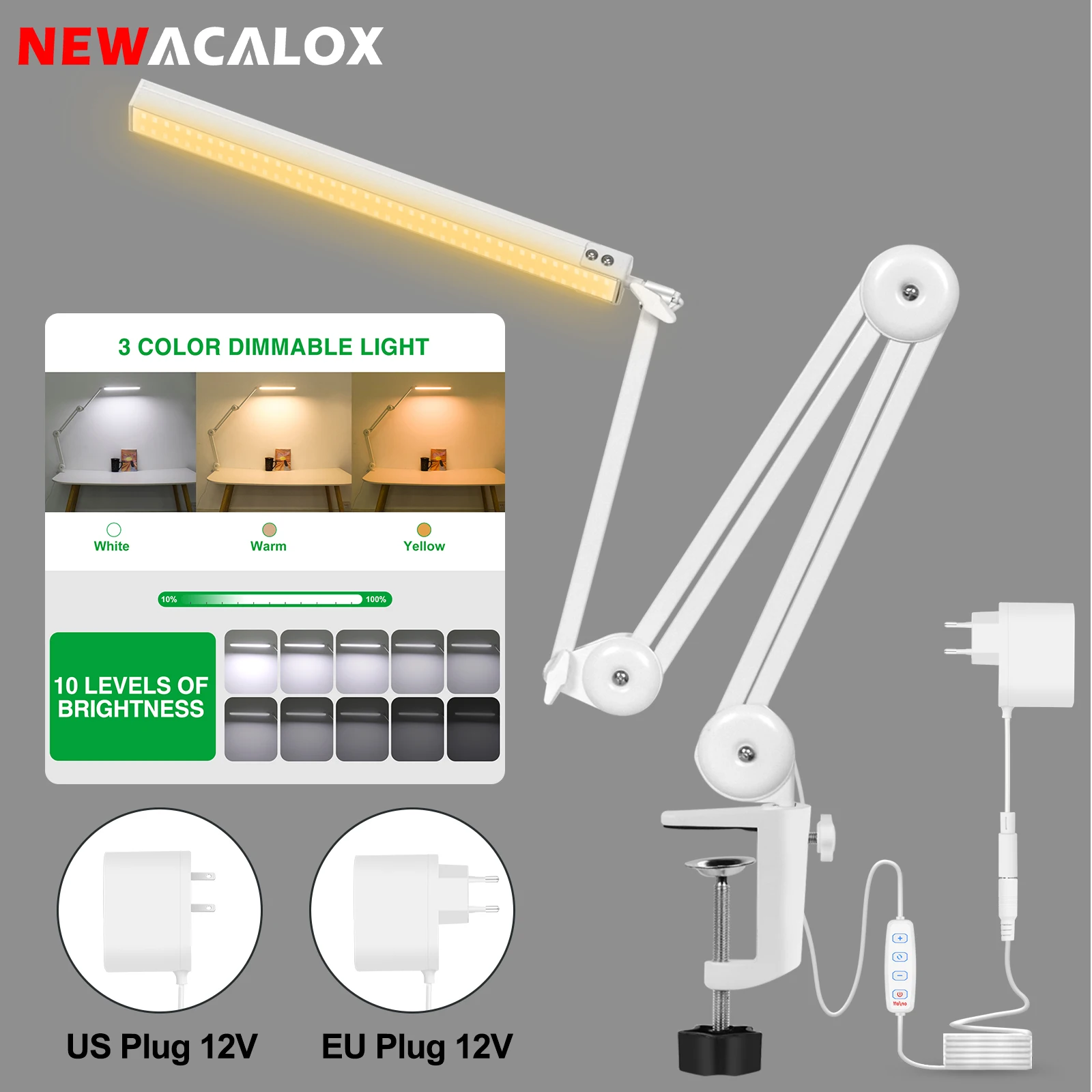 

NEWACALOX EU/US 12V Desk Lamp with 102Pcs LED Lights 24W Folding Table Lamp Night Light Reading Light for Study Office Home