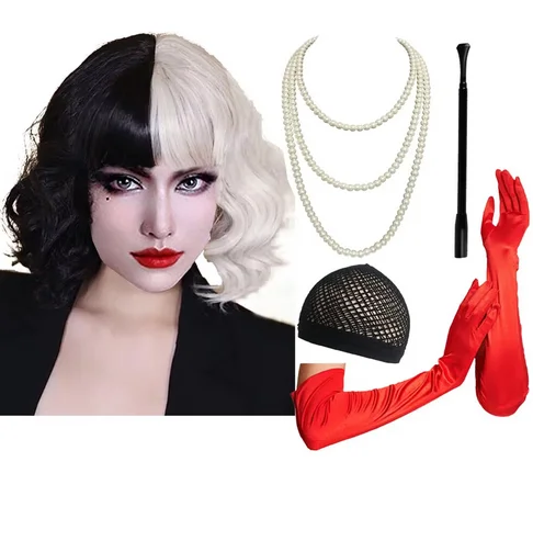 Cizoe Cruella Deville Costume Accessories Crulla De Vil Black White Wigs Plastic Holder Halloween Red Gloves