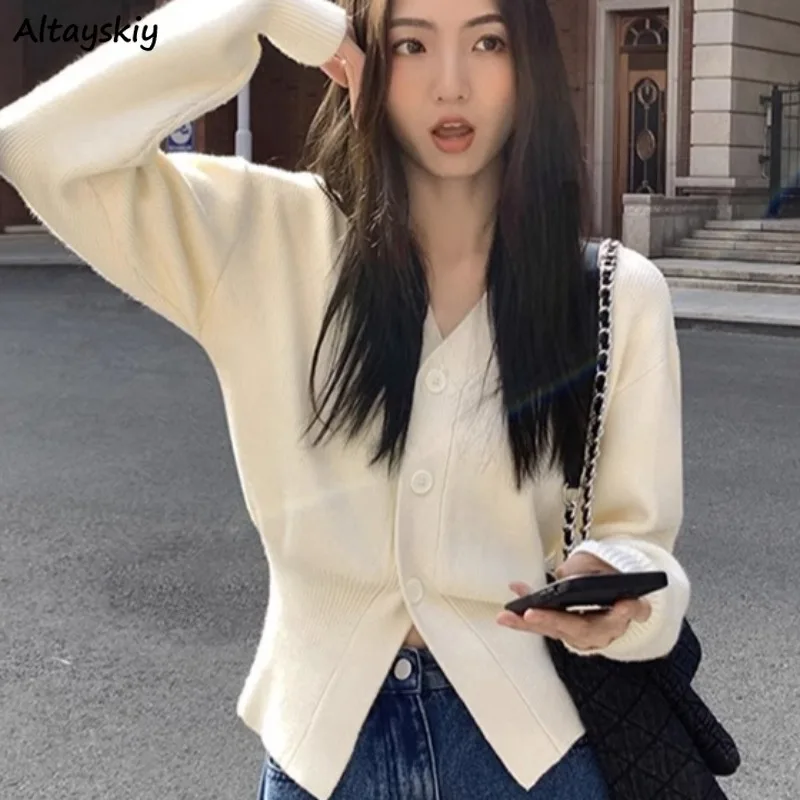 High Street Cardigans for Women Solid Long Sleeve V-neck All-match Young Girls Korean Style Ins Minimalist Leisure Autumn Winter